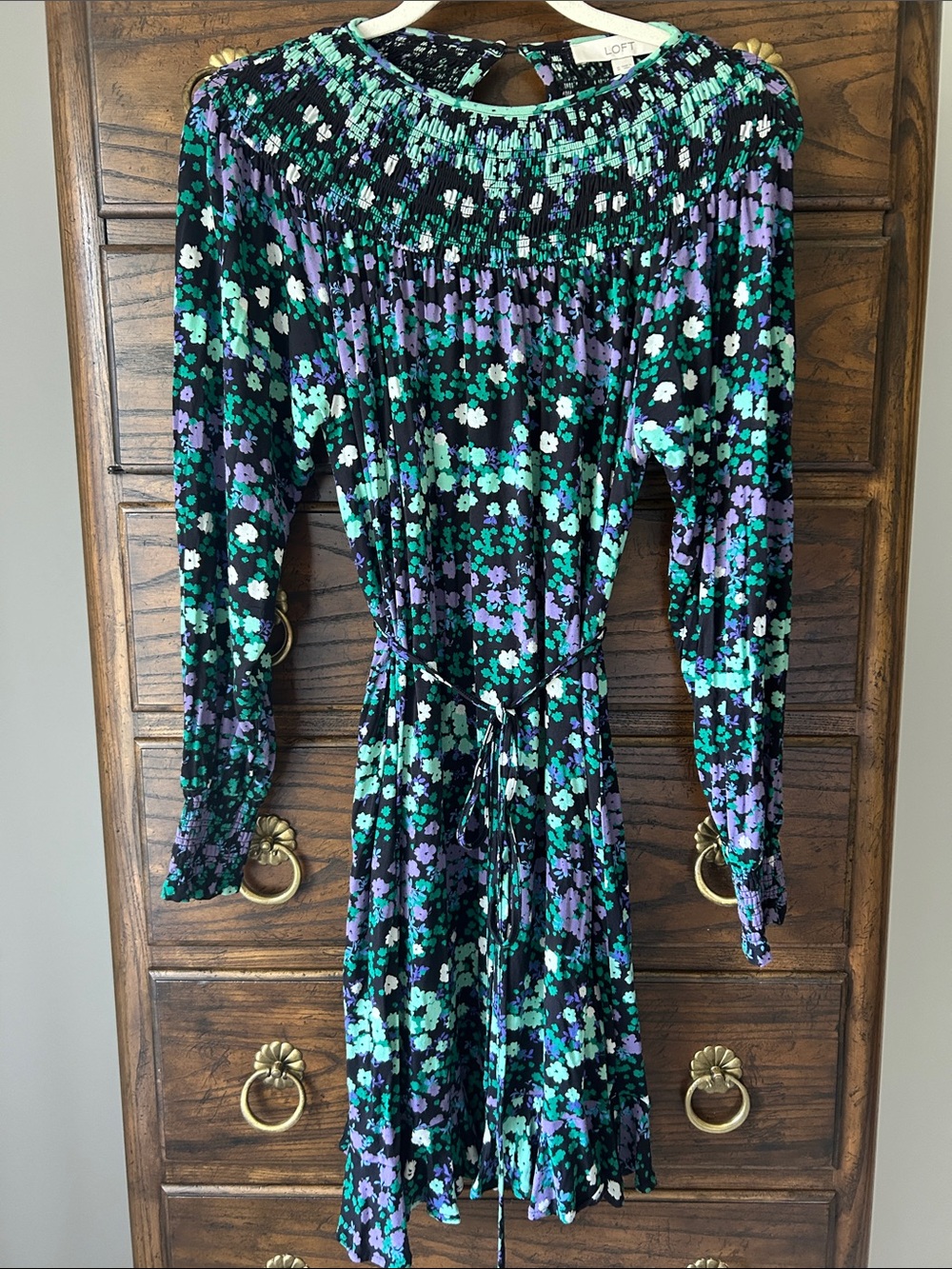 LOFT Black Floral Stretch Boho Midi Dress with Smocked Yoke, Size S